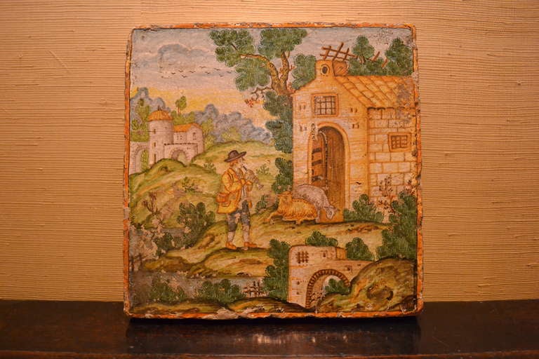 Large 19th Century Flemish Polychrome Tile with Pastoral Scene For Sale 2