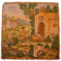 Large 19th Century Flemish Polychrome Tile with Pastoral Scene