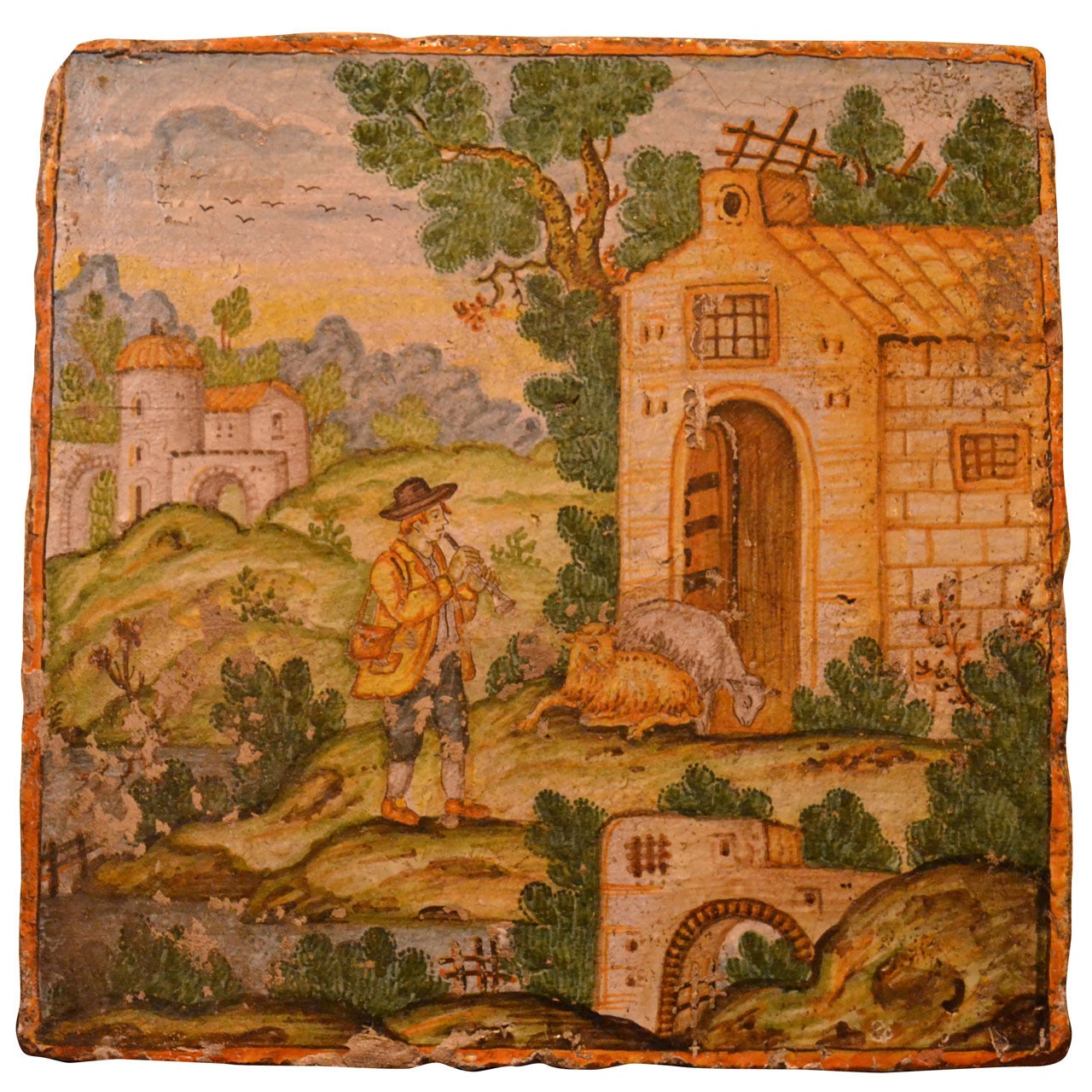 Large 19th Century Flemish Polychrome Tile with Pastoral Scene For Sale