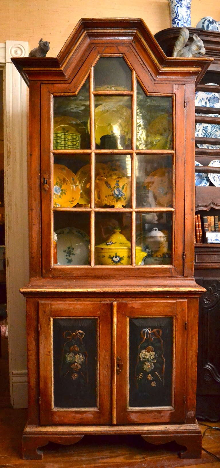 Tall 19th Century Painted Swedish Cabinet with Glass Doors