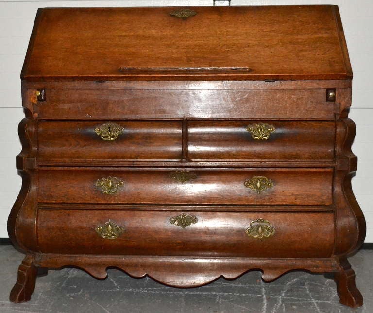 Early 19th Century Dutch Oak Bombe Desk with Shaped Skirt
