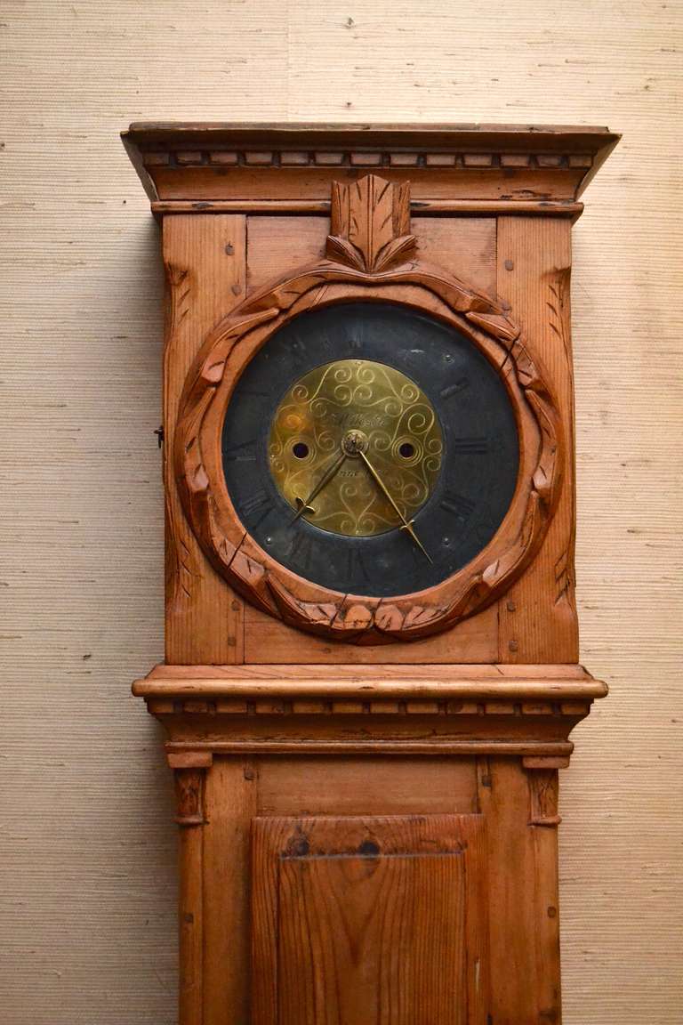 Early 19 Century Danish Pine Tall Case Clock with Carved Accents For Sale 1