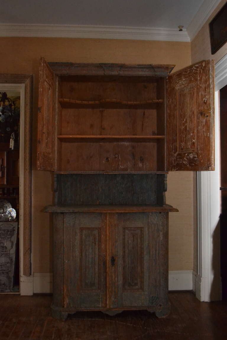 18th Century Shaped and Scraped Green Swedish Tall Cabinet