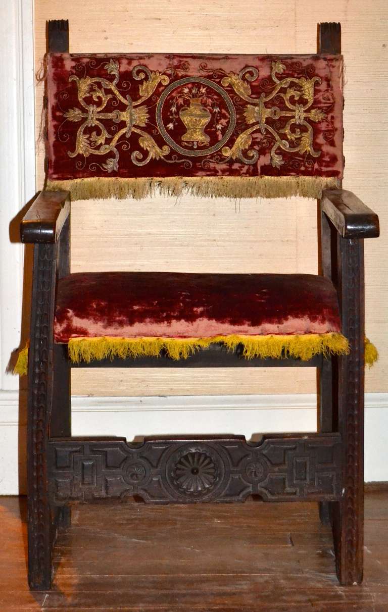 18th Century and Earlier 17th Century Spanish Arm Chair with Carved Stretcher For Sale
