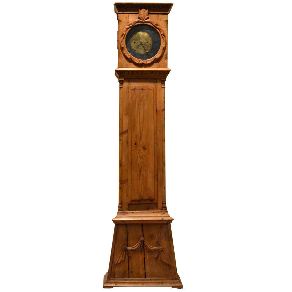 Early 19 Century Danish Pine Tall Case Clock with Carved Accents For Sale