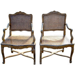 Pair of 18th Century French Regence Painted Caned Armchairs with Stretcher