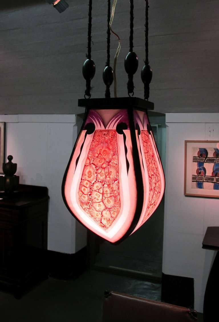 Amsterdam School Stained Glass Pendant Light, 1920s Dutch Art Deco In Excellent Condition In Amstelveen, NL