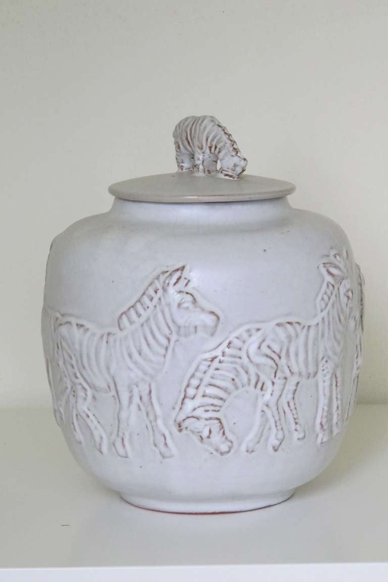 Dutch Lidded Pot with Relief Decoration of Zebras, Mobach Pottery, Mid-Century Modern