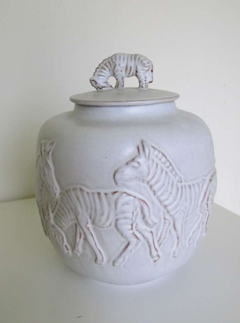 20th Century Lidded Pot with Relief Decoration of Zebras, Mobach Pottery, Mid-Century Modern