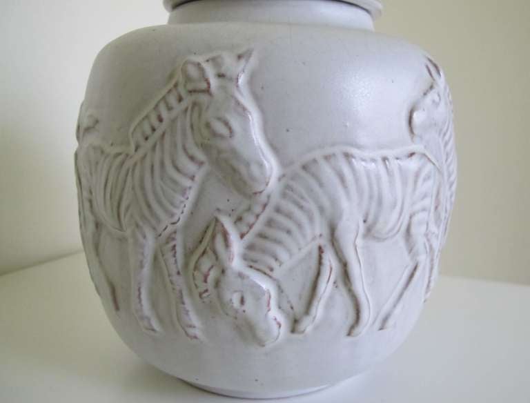 Ceramic Lidded Pot with Relief Decoration of Zebras, Mobach Pottery, Mid-Century Modern