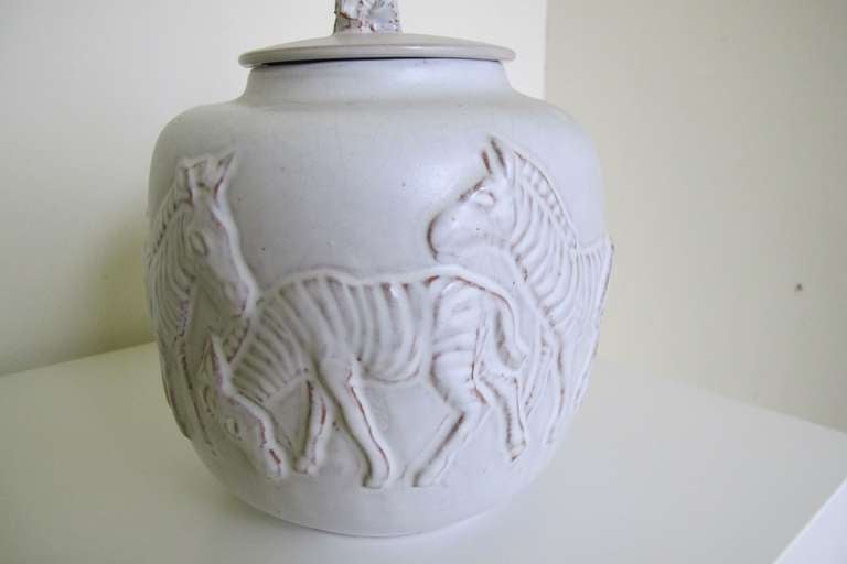 Lidded Pot with Relief Decoration of Zebras, Mobach Pottery, Mid-Century Modern 3