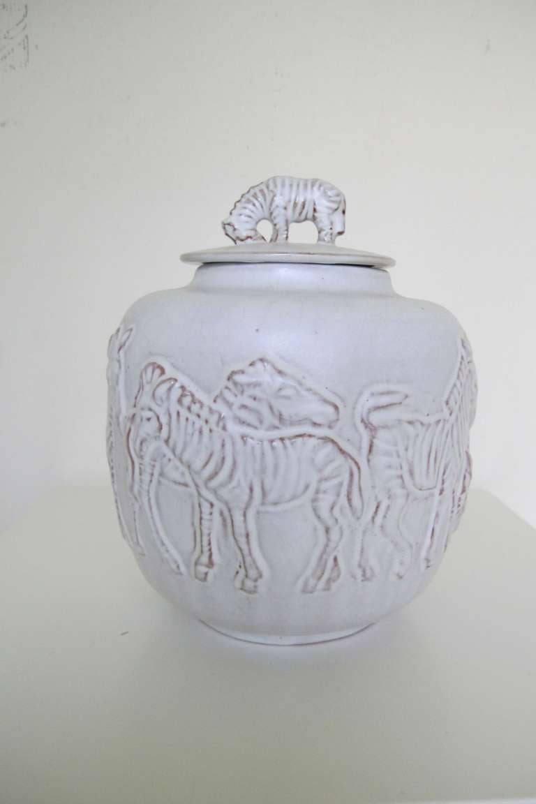Lidded Pot with Relief Decoration of Zebras, Mobach Pottery, Mid-Century Modern 4