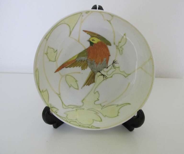 Dutch Art Nouveau Saucer with Decoration of a Bird in Eggshell Porcelain, Rozenburg Pottery - The Hague circa 1910