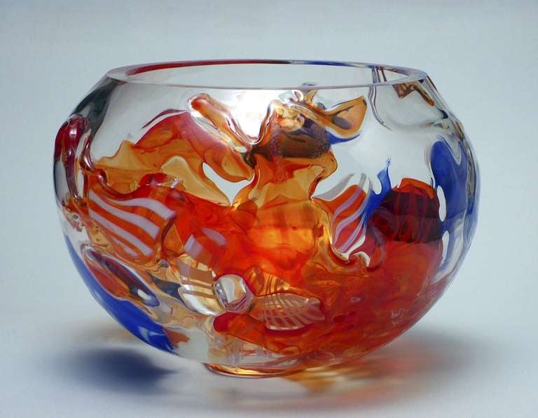 Colorful Studio Glass one-off bowl by Andries Dirk Copier in collaboration with master glass blower Bernard Heesen at studio Oude Horn. 

This bowl is made of thick colorless crystal glass with opaque blue and transparent bright red shards. The