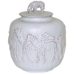 Lidded Pot with Relief Decoration of Zebras, Mobach Pottery, Mid-Century Modern