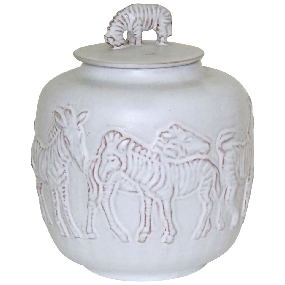 Lidded Pot with Relief Decoration of Zebras, Mobach Pottery, Mid-Century Modern