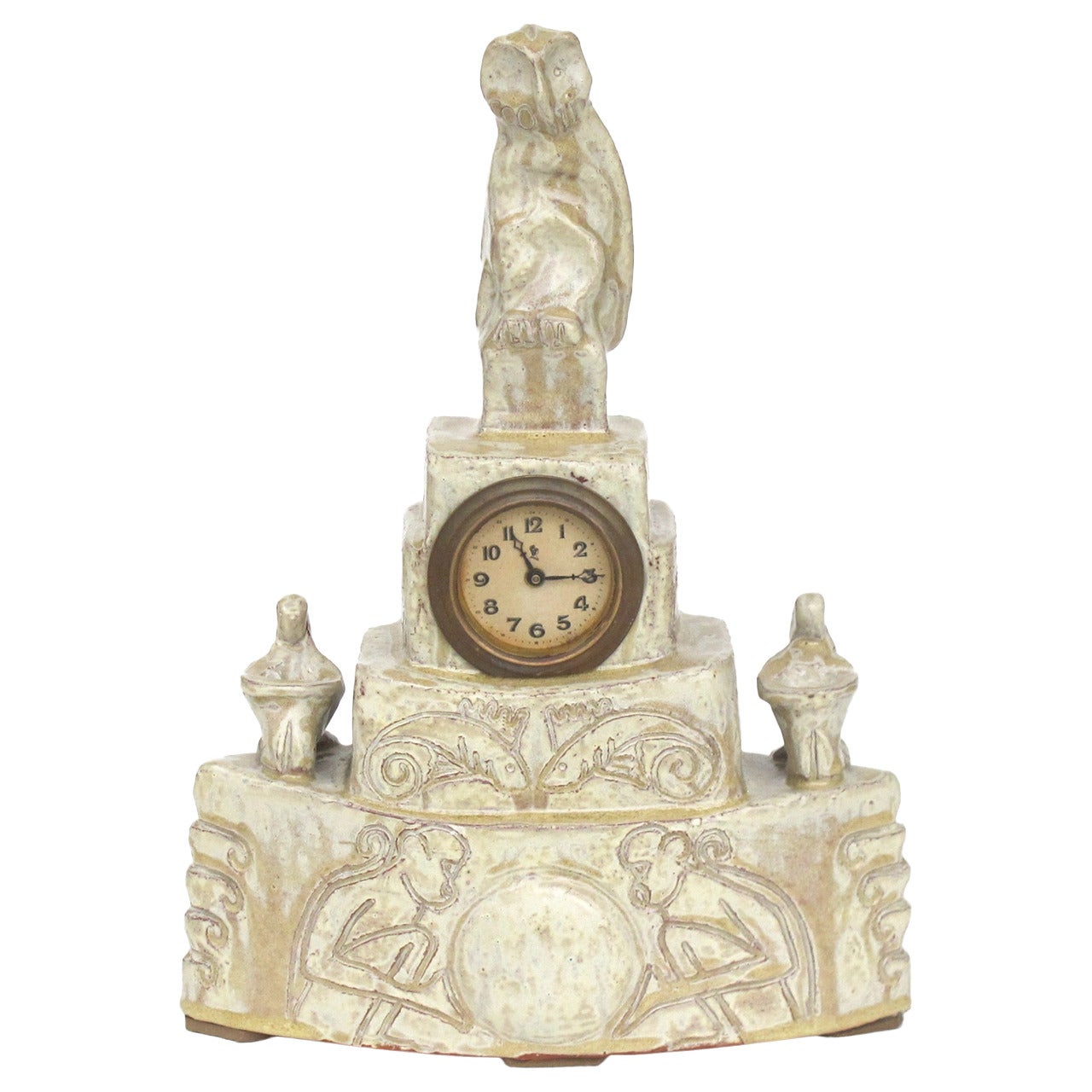 Intriguing Ceramic Mantle Clock with Owl, Apes and Fish by Cris Agterberg For Sale