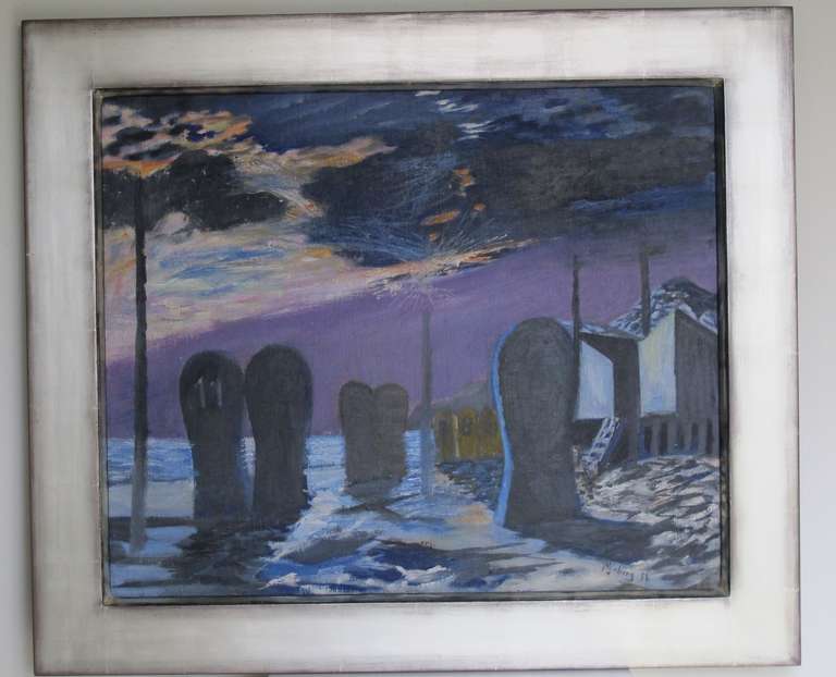 Oilpainting by Nicolaas Wijnberg (1918-2006) of a beachscene by moonlight. Wijnberg signed and dated this painting: 