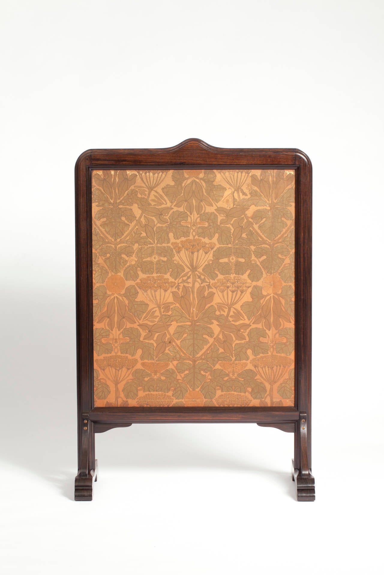 A coromandel fire screen made around 1910 by Theo Nieuwenhuis (1866-1951) for E.J. van Wisselingh & Co. 
The front side is lined with a gilt leather panel decorated with flowers, butterflies and insects, designed by Nieuwenhuis and made by the