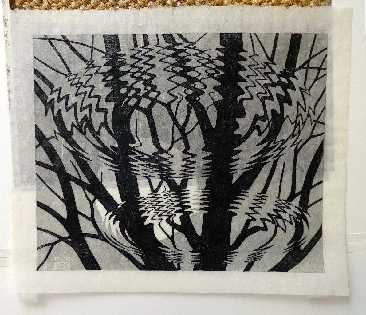 M.C. Escher, „Rimpeling“, signiert, Linolschnitt, vom Künstler gedruckt, 1950 (Mitte des 20. Jahrhunderts)