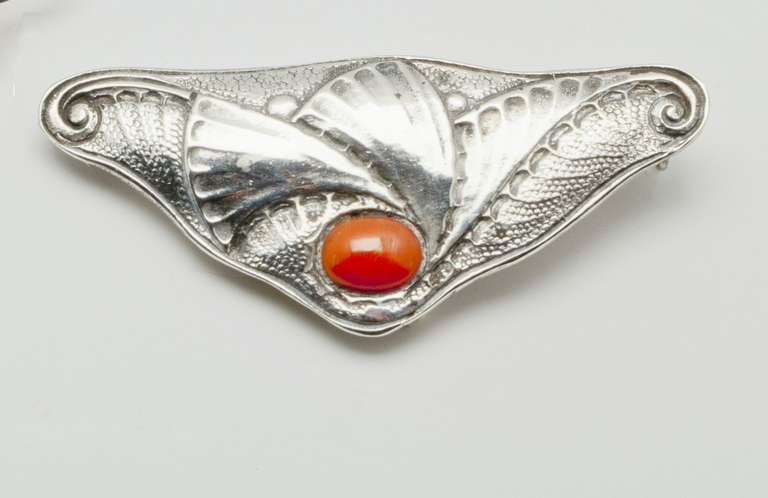 Dutch Elegant Art Deco Silver Brooch with Red Coral by Fons Reggers, Amsterdam School For Sale