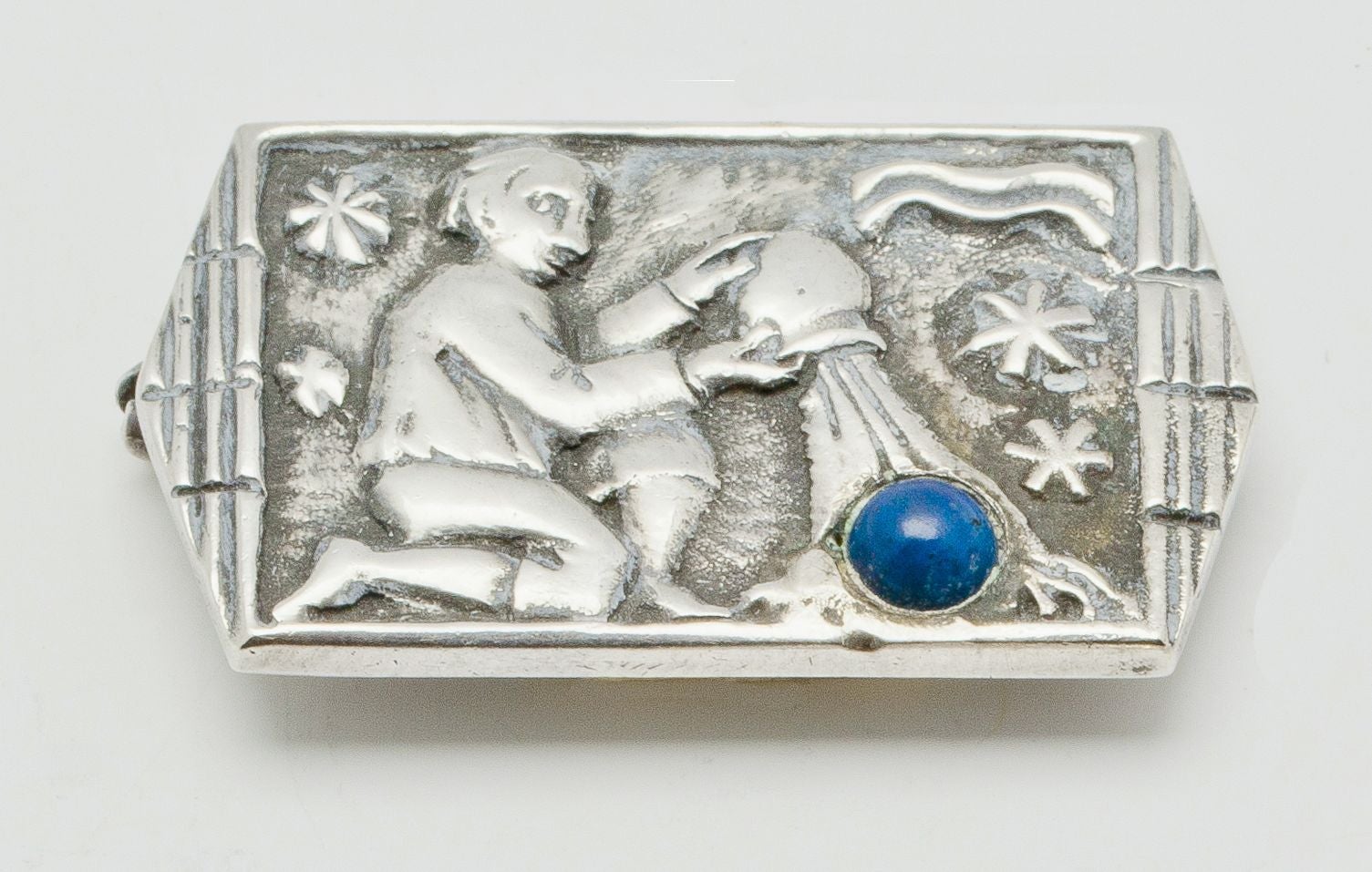 Silver Broche with Aquarius by Fons Reggers, Dutch Art Deco For Sale