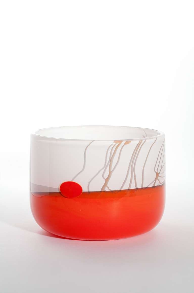 Studio glass one-off with opalescent and orange decoration by Willem Heesen. Heesen made this glass art object in his studio De Oude Horn in Acquoy. The object can be seen as a 'painting in glass'. Heesen was inspired by the landscape surrounding