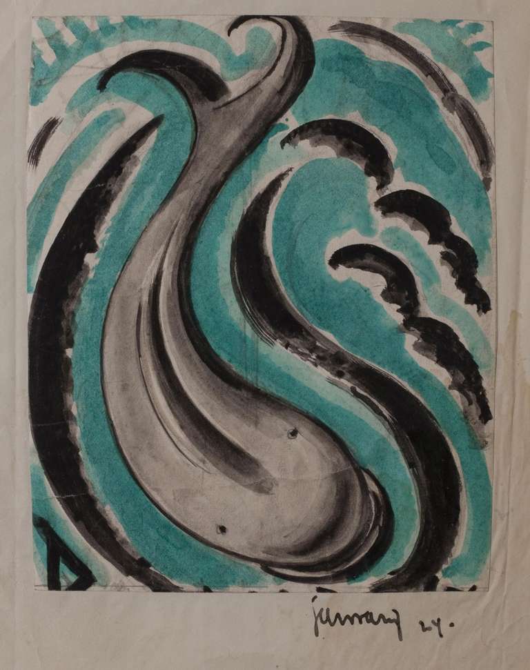 This beautiful and rare watercolor by Samuel L. (Mommie) Schwarz was made during the Art Deco period. It depicts a whale swimming in green water seen from above. This design is numbered '24' and signed ' Schwarz'.

Mommie Schwarz (1876-1942) was a