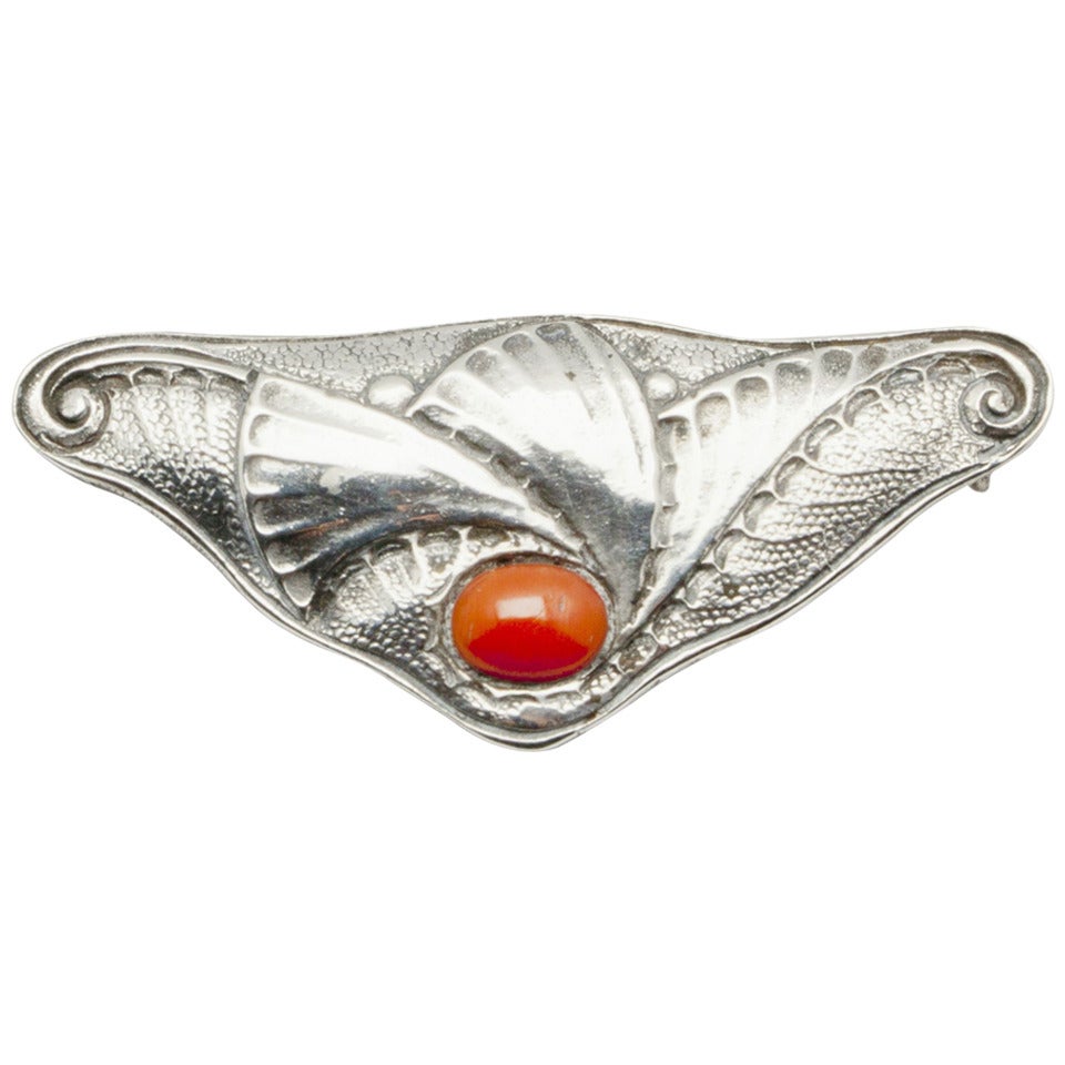 Elegant Art Deco Silver Brooch with Red Coral by Fons Reggers, Amsterdam School For Sale