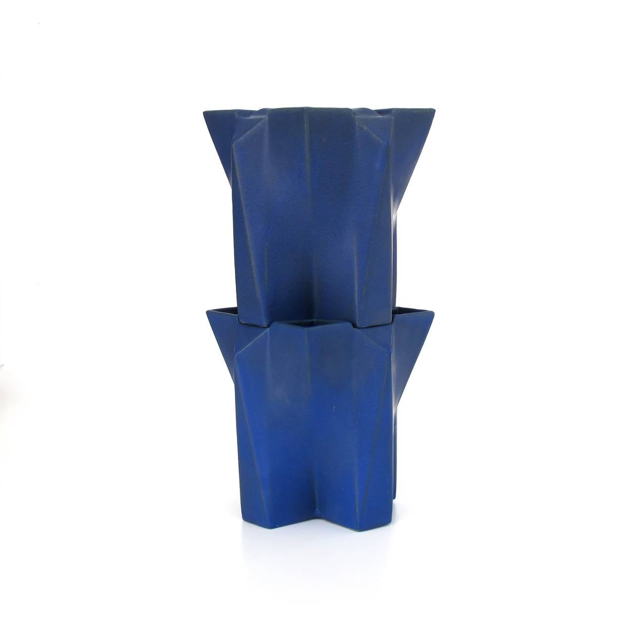 Modern Two Blue Glazed Stoneware Tulip Tower Vases by Jan van der Vaart, 1989