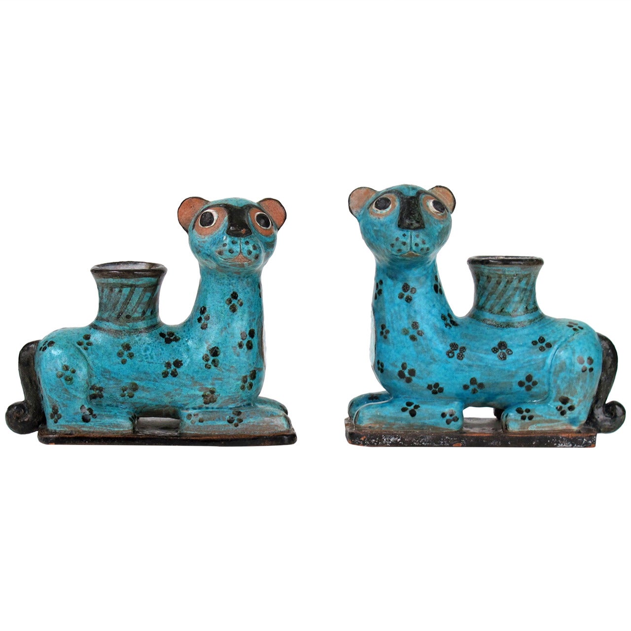 Set of Feline-Shaped Polychrome Earthenware Candleholders by Lily ter Kuile