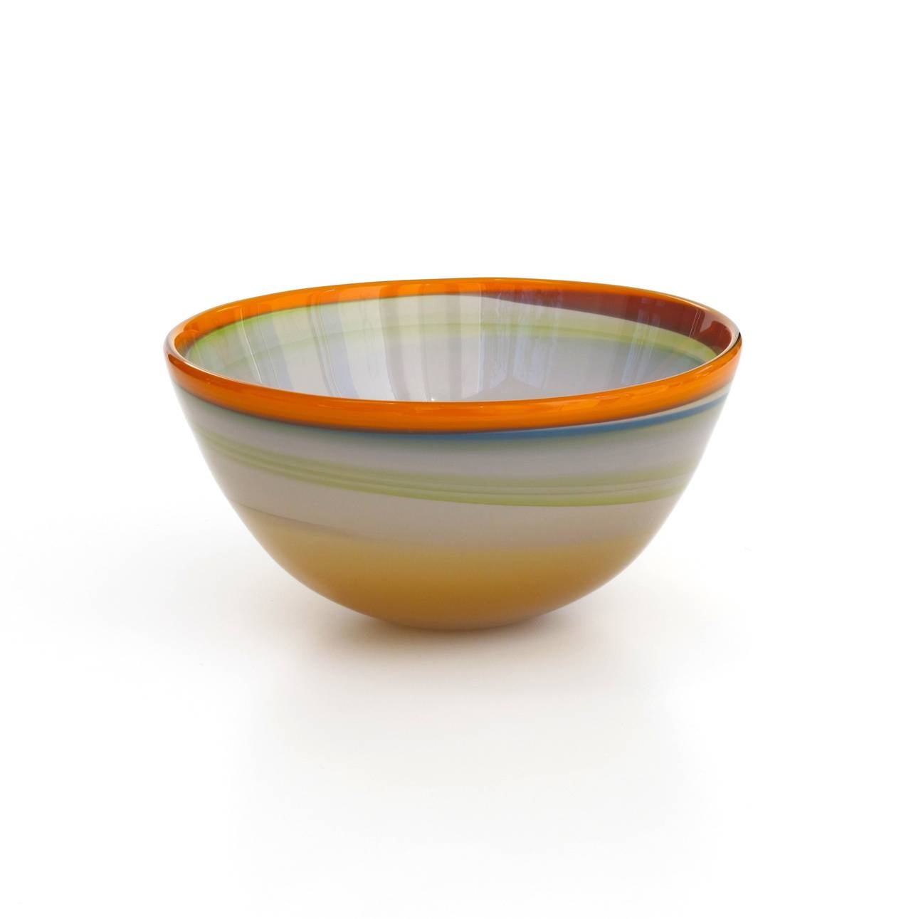 Serene polychrome glass bowl with orange rim by Misha Ignis (1953). This piece of art glass was made in the late 1980s and is in an excellent condition.