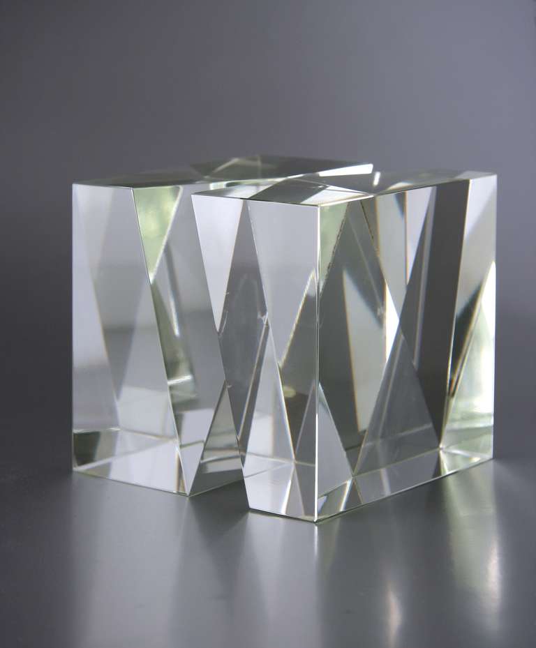 Floris Meydam for Royal Glassworks Leerdam, 1978. Unique glass object with slanting optical decoration cut into the glass. From all four sides the decoration is symmetrical; all sides together result in an optical illusion of eight internal