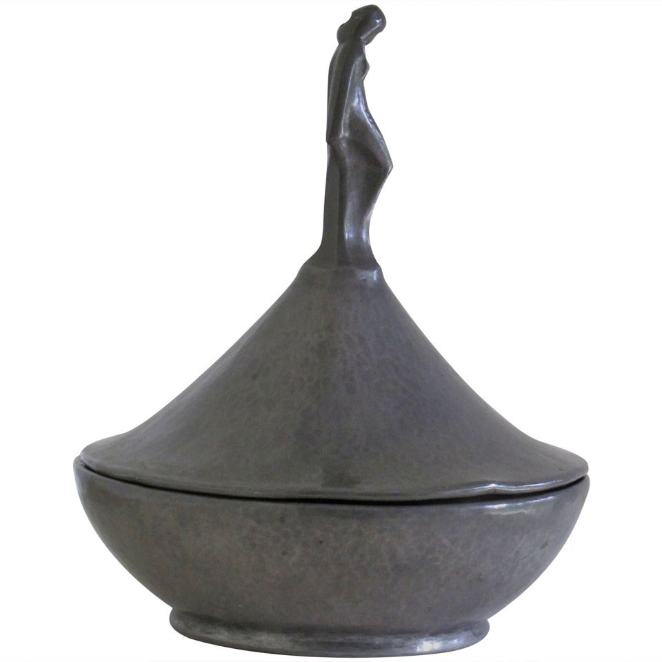 Cris Agterberg, Elegant Art Deco Tin Lidded Pot with Female Figure