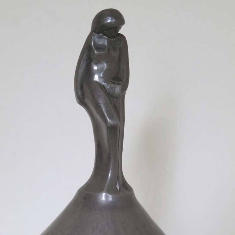 20th Century Cris Agterberg, Elegant Art Deco Tin Lidded Pot with Female Figure