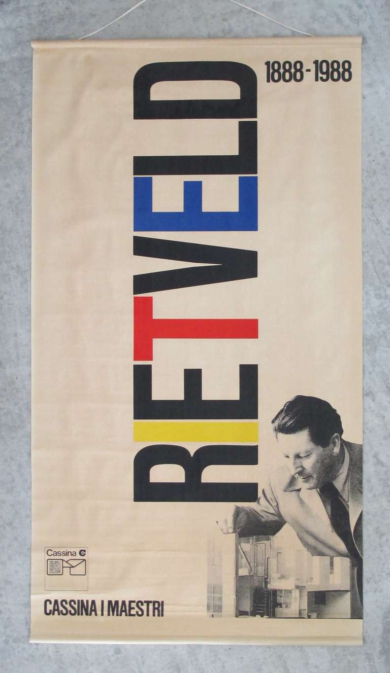 This large handmade silkscreen on canvas was made by Fair Milano for Cassina in 1988 to commemorate the 100th birthday of architect and designer Gerrit Rietveld (1888 -1964). The very decorative exhibition banner with typical De Stijl colors is