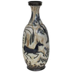 Rare Large 1950s Vase by Roger Guèrin, Gorgeous Decor of Horses in a Landscape