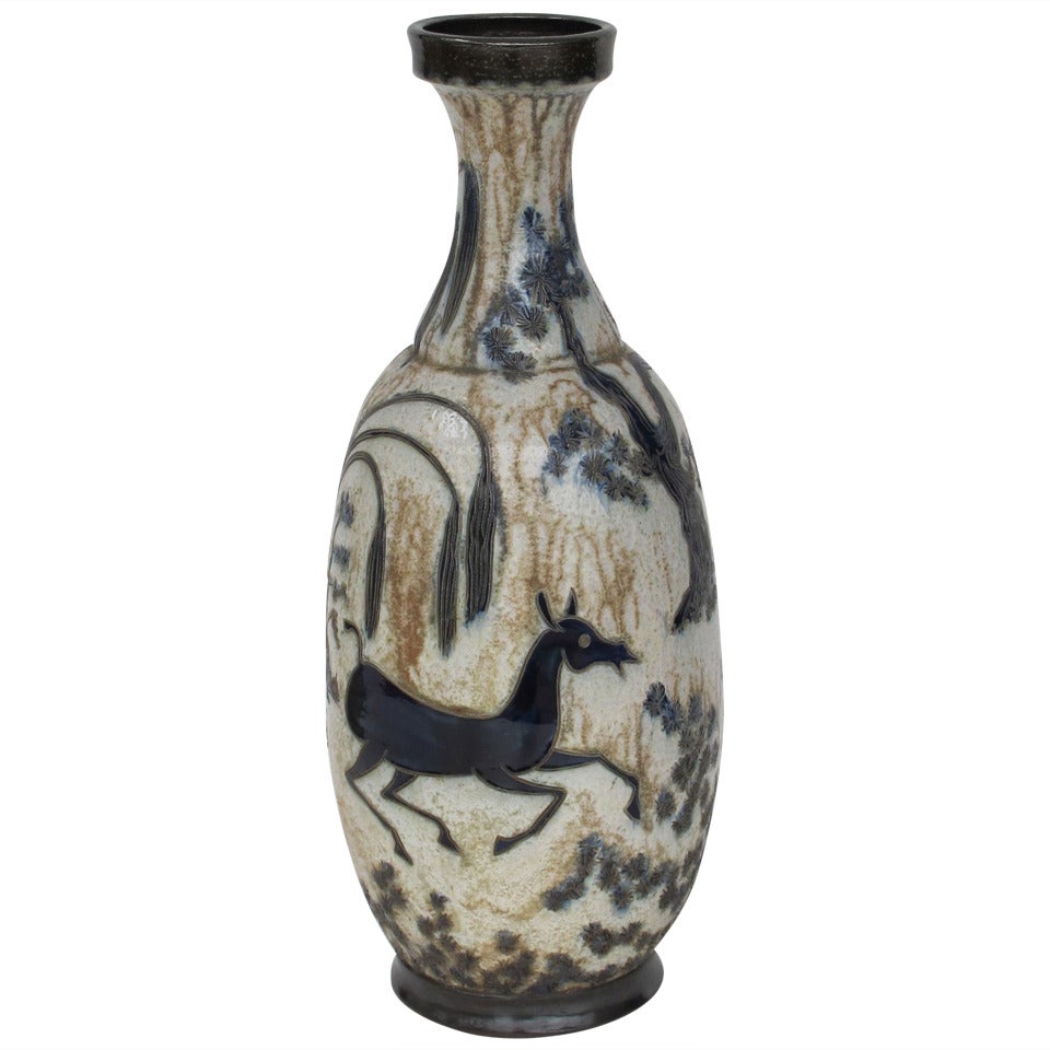 Rare Large 1950s Vase by Roger Guèrin, Gorgeous Decor of Horses in a Landscape For Sale