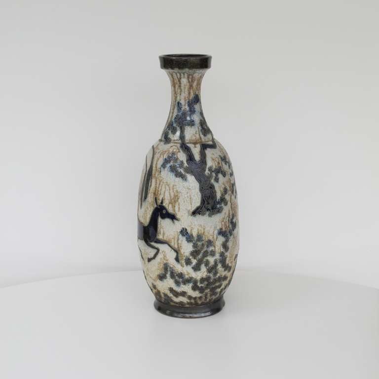 Belgian Rare Large 1950s Vase by Roger Guèrin, Gorgeous Decor of Horses in a Landscape For Sale
