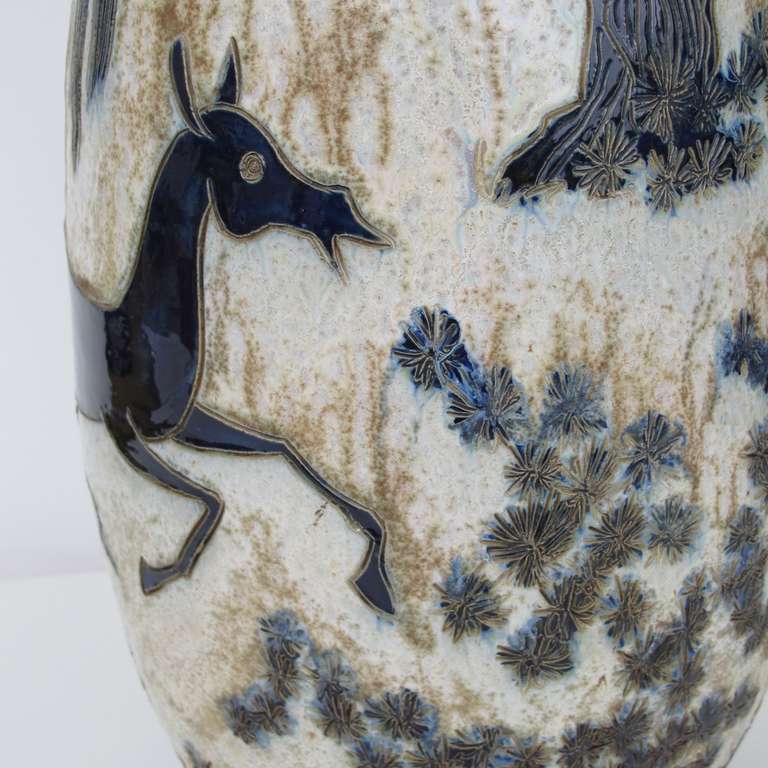 Mid-20th Century Rare Large 1950s Vase by Roger Guèrin, Gorgeous Decor of Horses in a Landscape For Sale
