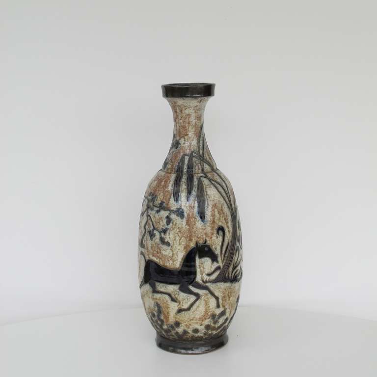 Earthenware Rare Large 1950s Vase by Roger Guèrin, Gorgeous Decor of Horses in a Landscape For Sale