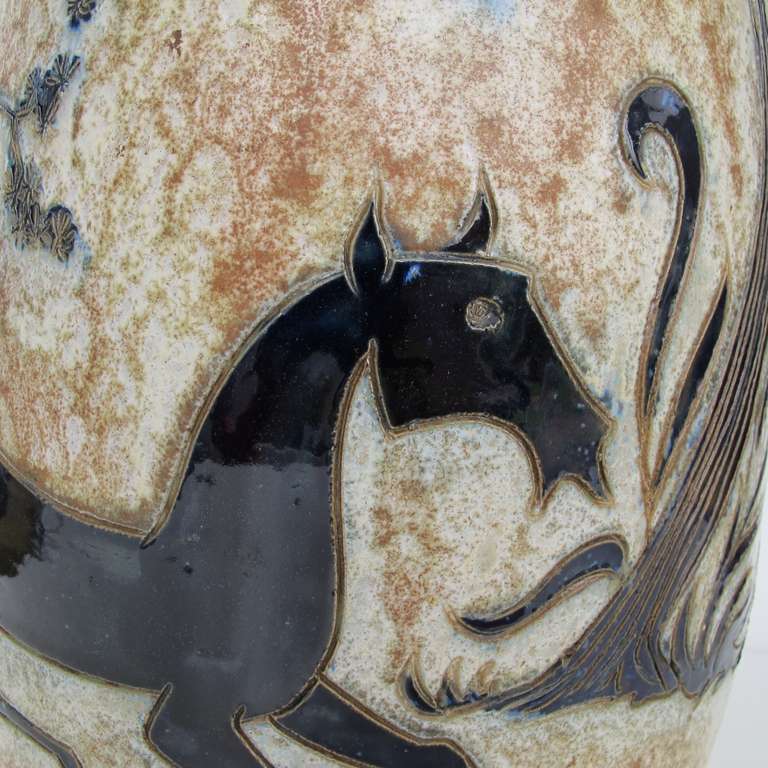 Rare Large 1950s Vase by Roger Guèrin, Gorgeous Decor of Horses in a Landscape For Sale 2