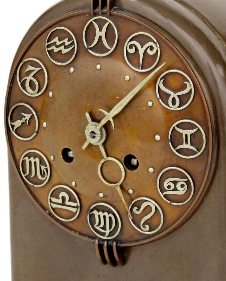 Brass Amsterdam School Zodiac Clock by Winkelman & Van der Bijl In Excellent Condition In Amstelveen, NL