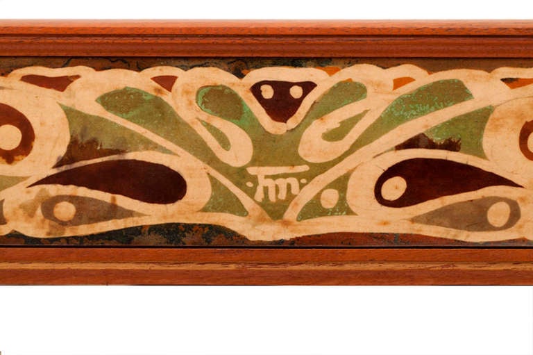 This rare mirror frame by well-known Dutch artist Theo Molkenboer (1871 - 1920) was decorated with batik on parchment. The simple organic decoration is characteristic for the 