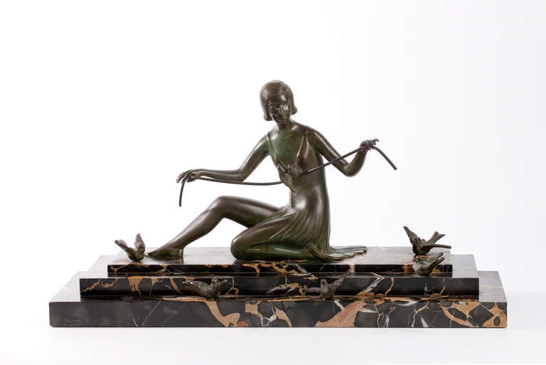 French Art Deco Bronze Sculpture Woman with Birds