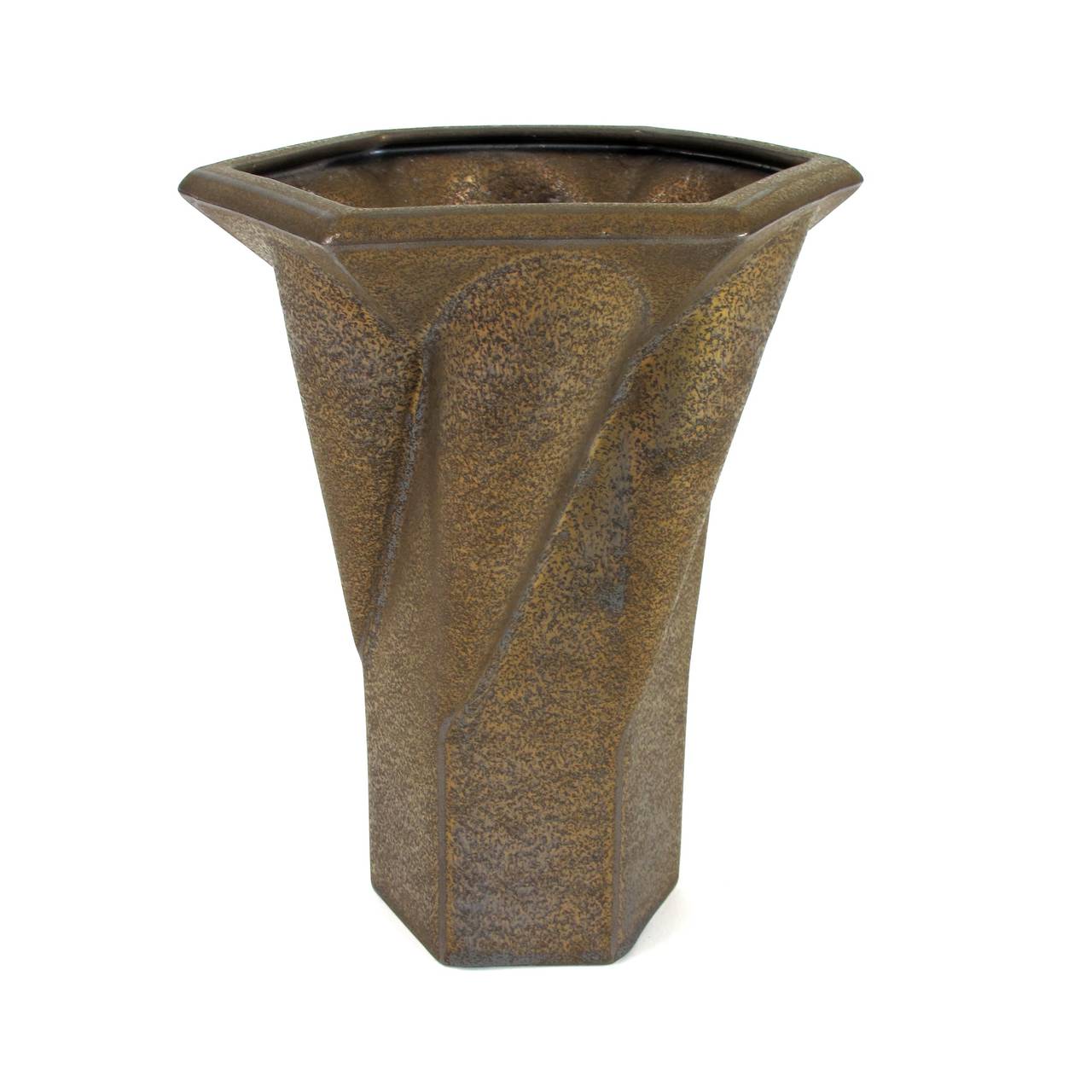 A bronze glazed stoneware vase with geometric shapes by Jan van der Vaart. This piece of Dutch avant-garde pottery was executed in 1997 in his own studio. The vase is signed on the bottom '97 VD VAART' (see last photo).

Jan van der Vaart (1931 -