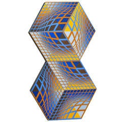 Victor Vasarely Hand Painted Acrylic On Wood Sculpture