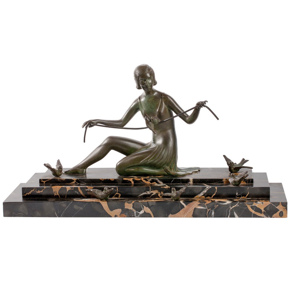 French Art Deco Bronze Sculpture Woman with Birds For Sale