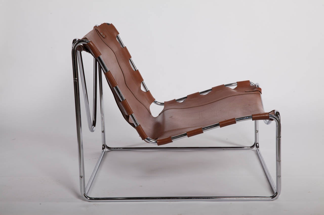 This rare lounge chair called 'Fabio' was designed by Pascal Mourgue (1943-1940) for Steiner Meubles in 1970. The French designer has also worked for Knoll and Cassina. 

The chair has a frame of light chrome-plated tubular metal and is upholstered