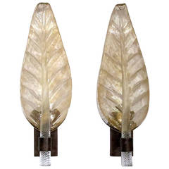 Pair of Very Large Barovier & Toso Murano Gold Glass Leaf Wall Sconces
